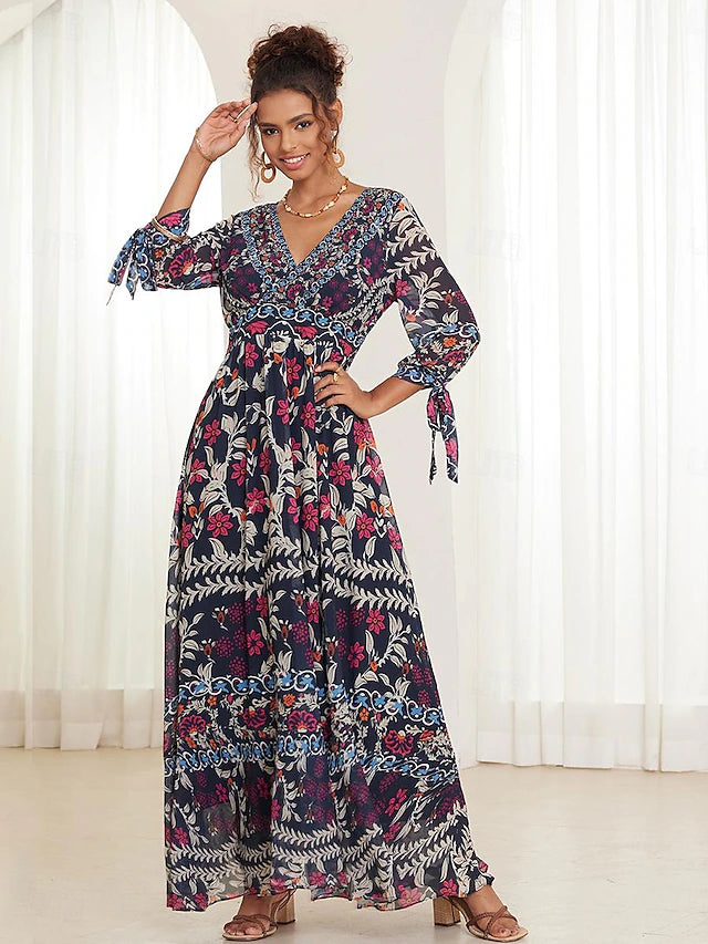 šćS-5XLćšPoletna nova ženska obleka s cvetliÄnimi naborki in V-izrezom, festivalska obleka v boemskem slogu 2025