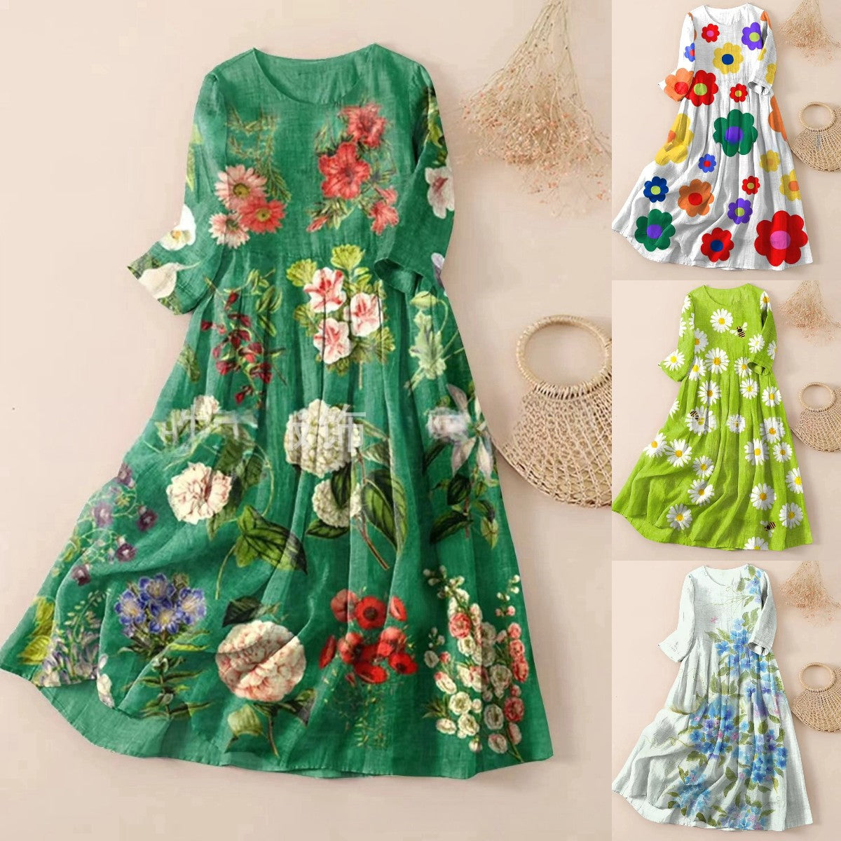 【50 % popust】【S-3XL】🌼Nova nagubana obleka s cvetličnim potiskom in okroglim izrezom🌸mlada in lepa