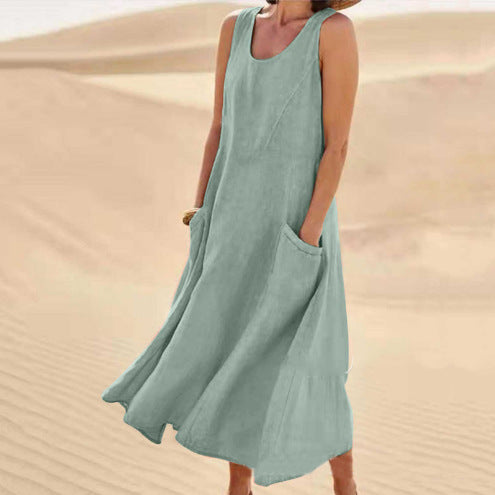 šćS-5XLćNova poletna elegantna bombažna tencel obleka brez rokavov z okroglim izrezom (11 barv)