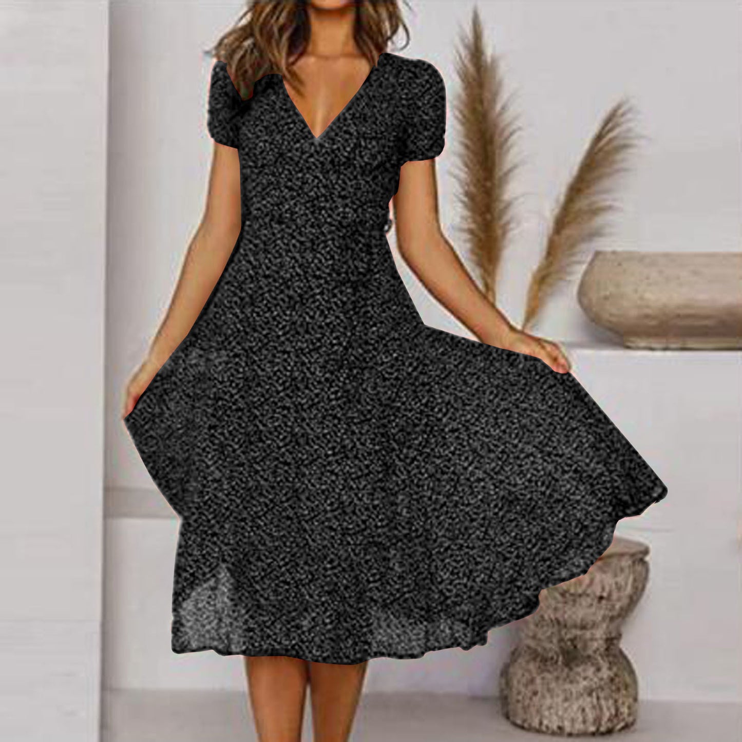 🌈💃👗😍Rochie nouă la modă pentru femei, cu buline, decolteu în V și mâneci scurte, rochie din șifon cu buline