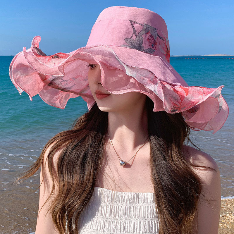 🎀👒【Letní novinky – sleva 50 % ✨】Dámská letní plážová čepice z bavlny a lnu s vlnitým okrajem, nositelná na obou stranách