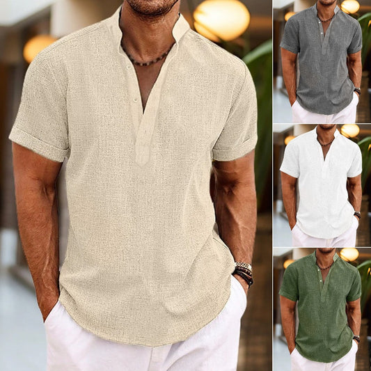 【S-3XL】Moška enobarvna srajca s kratkimi rokavi in stoječim ovratnikom, velika velikost