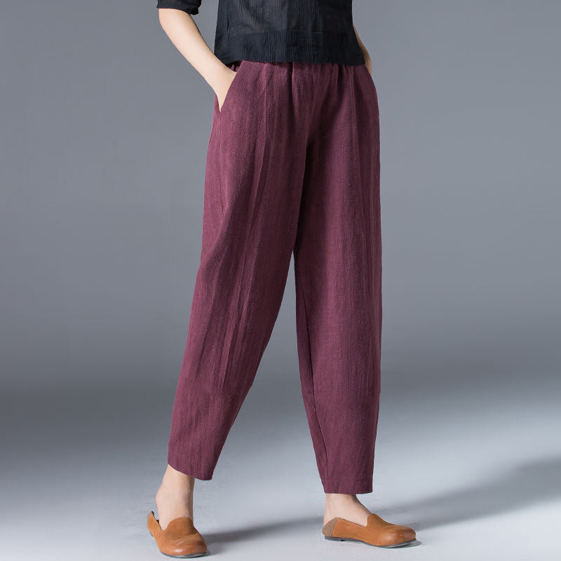 🌿🌿【50 % popust 🔥】【S–5XL】Ženske ohlapne široke hlače iz bombaža in lana v velikih velikostih