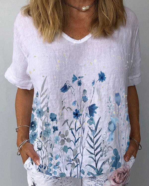 🌈💐【XS-4XL】Treu cu mânecă scurtă din bumbac cu imprimeu floral