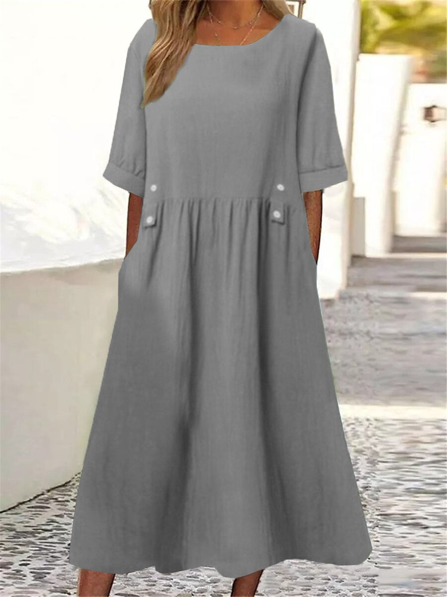 🔥🔥【50%OFF】👗👗2025 Poletna ohlapna obleka iz bombaža in lanu z okroglim izrezom in kratkimi rokavi