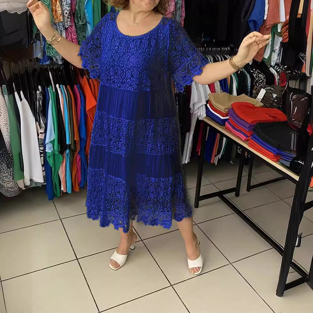 ✨【S-5XL】Nova čipkasta obleka s kratkimi rokavi in okroglim izrezom