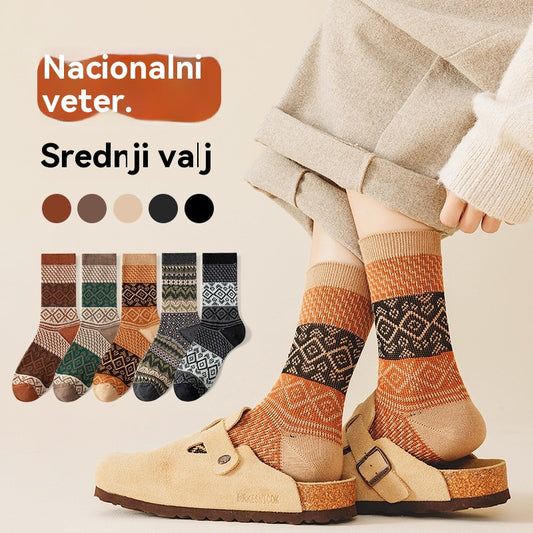 🏆【50 % popust】🧦Retro barvno ujemajoče se priložnostne nogavice v etničnem slogu, srednje cevaste nogavice, jesenske in zimske tople bombažne nogavice