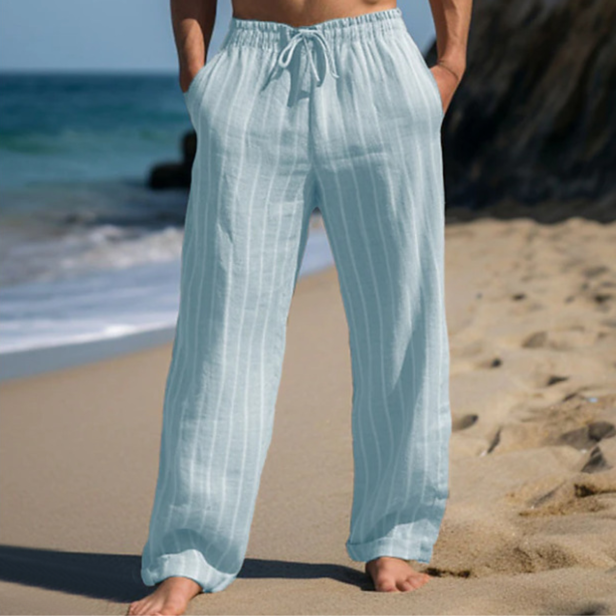 🎹👖【50% popust 🔥】【M–3XL】😍 Moške nove lanene hlače večjih velikosti s črtami, ravnega kroja, z elastičnim pasom in vrvico