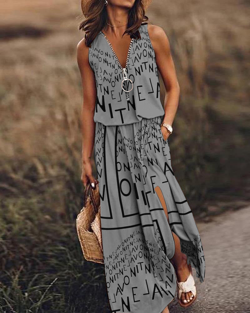 📢Kiárusítás🔥💟👗【S-5XL】Új, nyári divatos ujjatlan ruha cipzárral és mintával a derekán