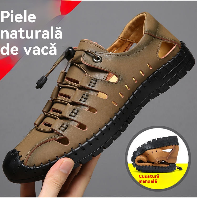 🌟 【Reducere de 50%】【39-44】Sandale de plajă bărbătești din piele naturală, cu vârful închis și gol, de vară👞✨