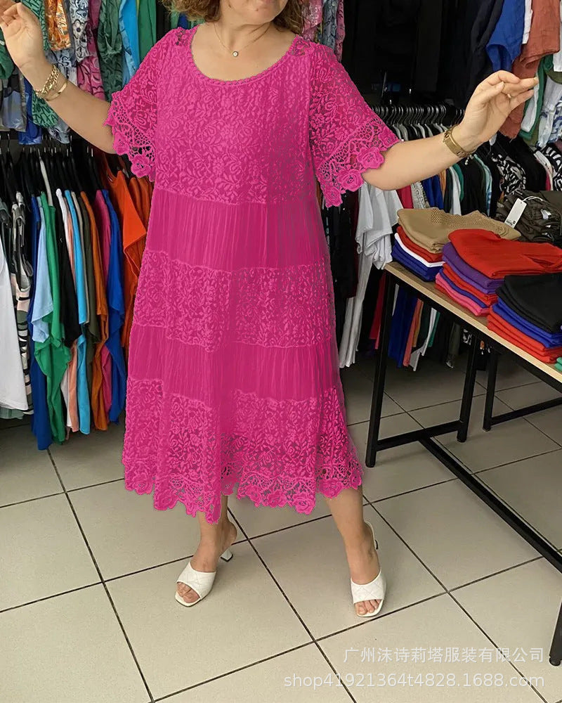 ✨【S-5XL】Nova čipkasta obleka s kratkimi rokavi in okroglim izrezom