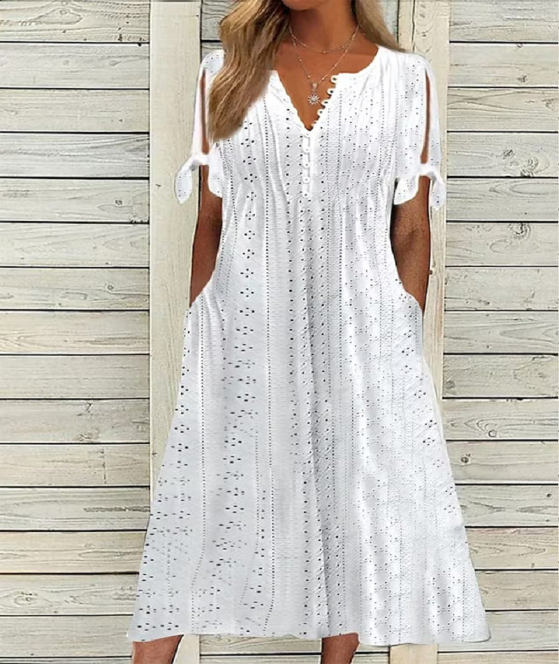 【S-3XL】Rochie la modă, lejeră, brodata cu talie înaltă, de culoare uni
