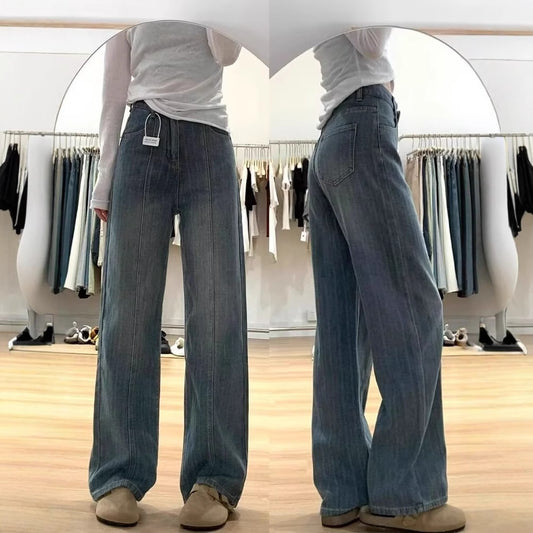 🔥Retro modre ravne kavbojke, jesensko-zimske, plus flis, visok pas in oprijete hlače s širokimi hlačnicami