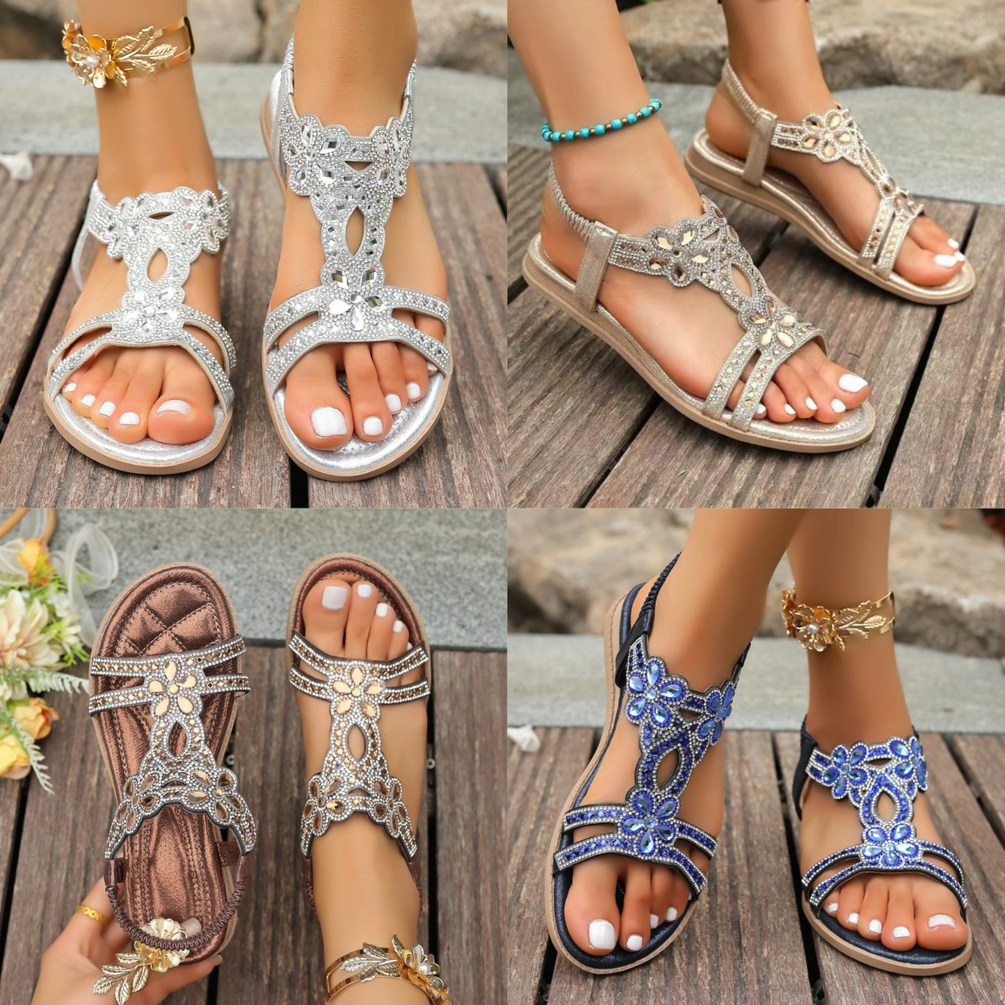 👡❤️【36-43】【Reducere de 50%】Sandale elastice cu flori și strasuri boeme 2025, talpă plată, mărime mare