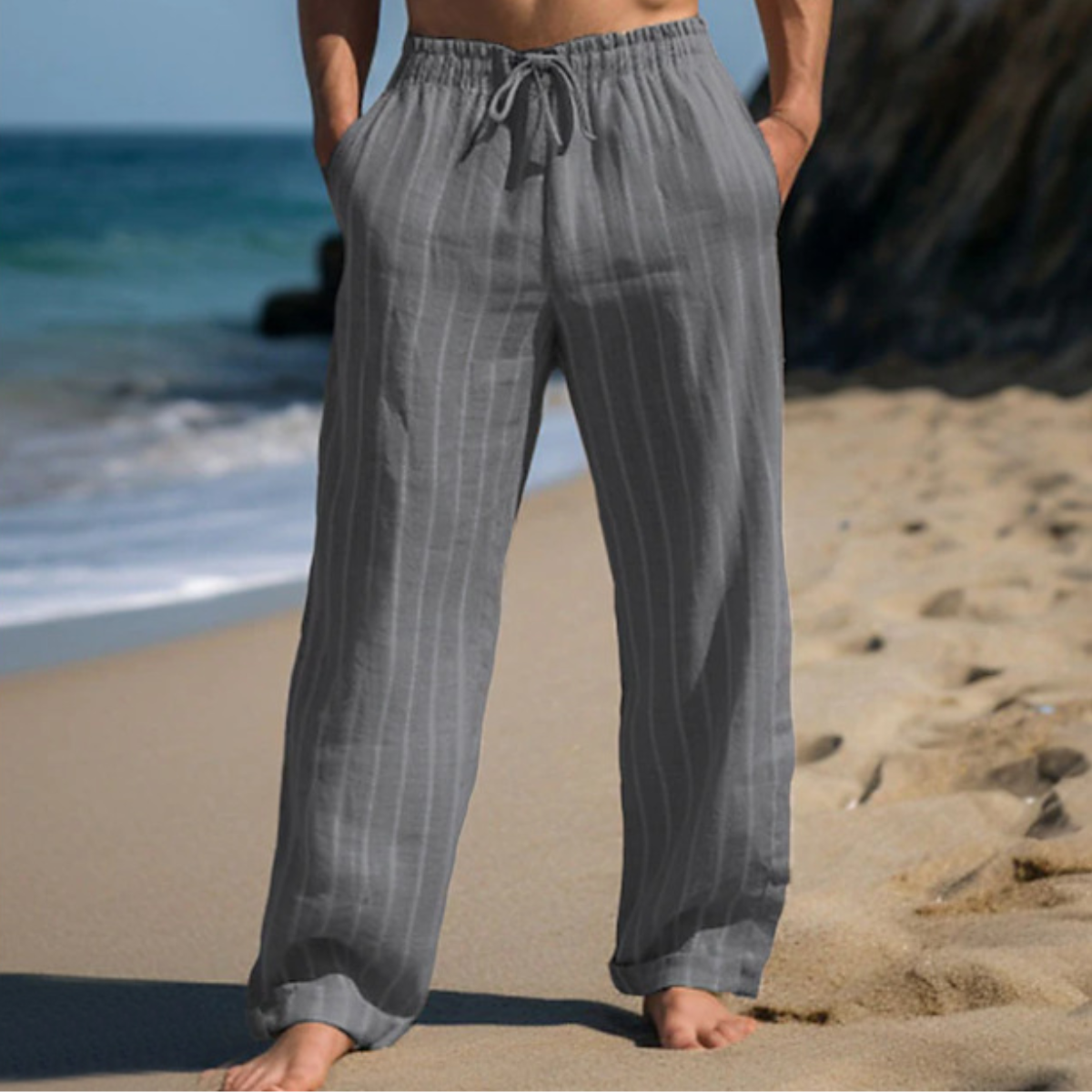 🎹👖【50% popust 🔥】【M–3XL】😍 Moške nove lanene hlače večjih velikosti s črtami, ravnega kroja, z elastičnim pasom in vrvico