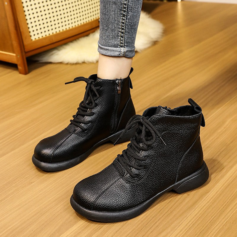 【35-40】Нови дамски кожени ботуши с ципове, високи и топли кожени ботуши с мека подметка