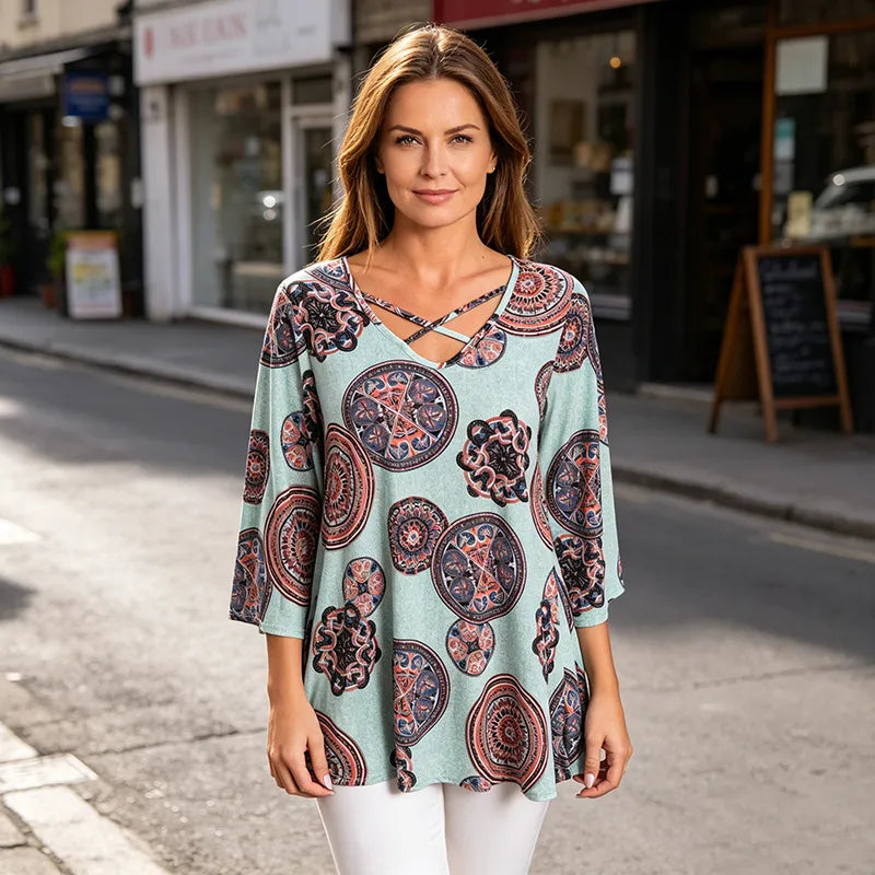 Letnia koszulka damska w dużych rozmiarach S-3XL: nadruk retro, dekolt w serek ze skrzyżowanymi ramiączkami, miękki materiał
