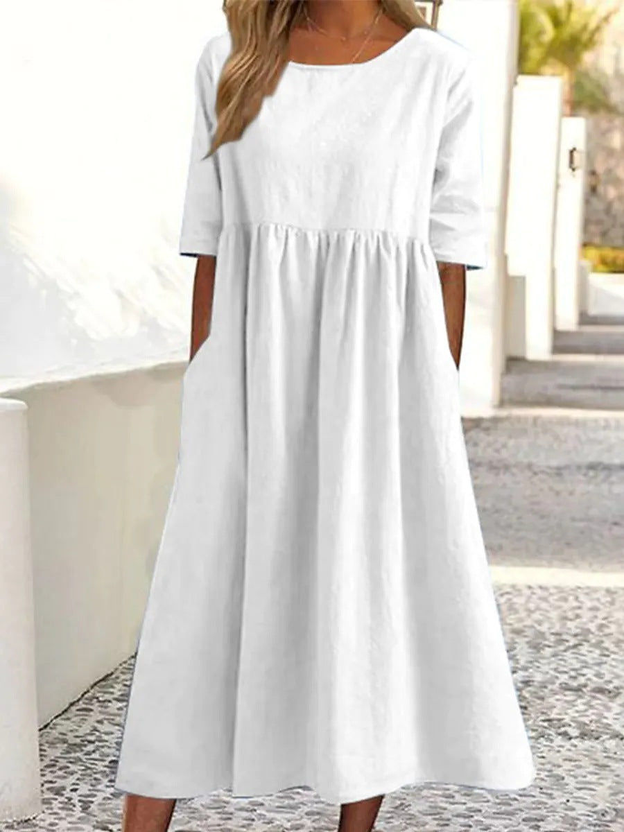 💕【50 % popust】【S-5XL】Ležerna obleka z žepi 2025, ohlapna, enobarvna in zelo udobna