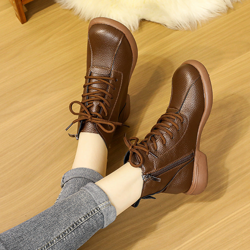 【35-40】Нови дамски кожени ботуши с ципове, високи и топли кожени ботуши с мека подметка