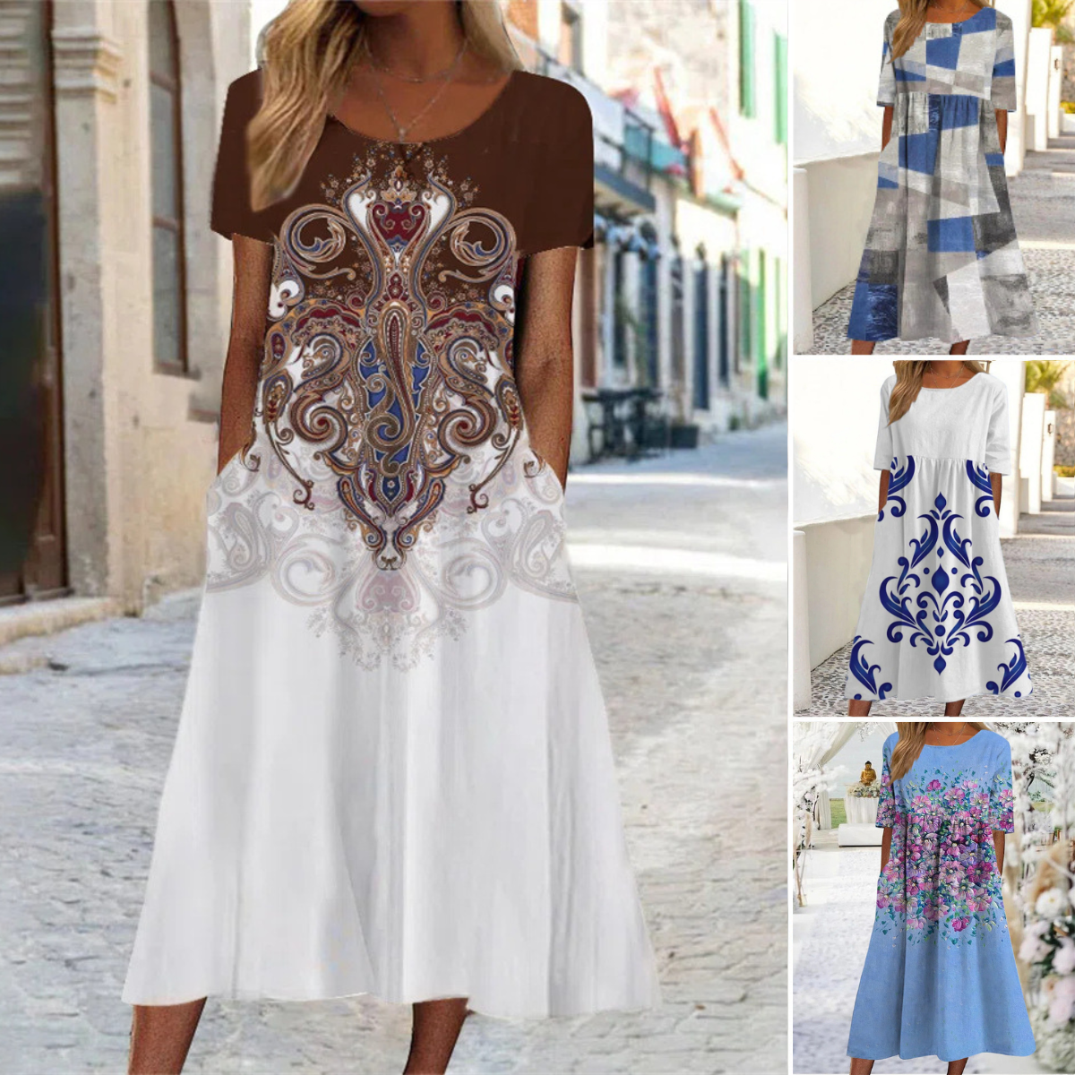 👘🌺【50% sleva 🔥】【M–3XL】Nové letní šaty pro ženy, kulatý výstřih a tištěný vzor, větší velikosti, lehké a prodyšné