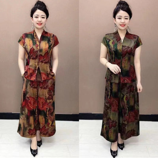 【M-4XL】【🔥Top imprimat + pantaloni cu picioare largi】Costum de imprimare de mătase de moda pentru femei