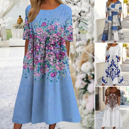 👘🌺【50% sleva 🔥】【M–3XL】Nové letní šaty pro ženy, kulatý výstřih a tištěný vzor, větší velikosti, lehké a prodyšné