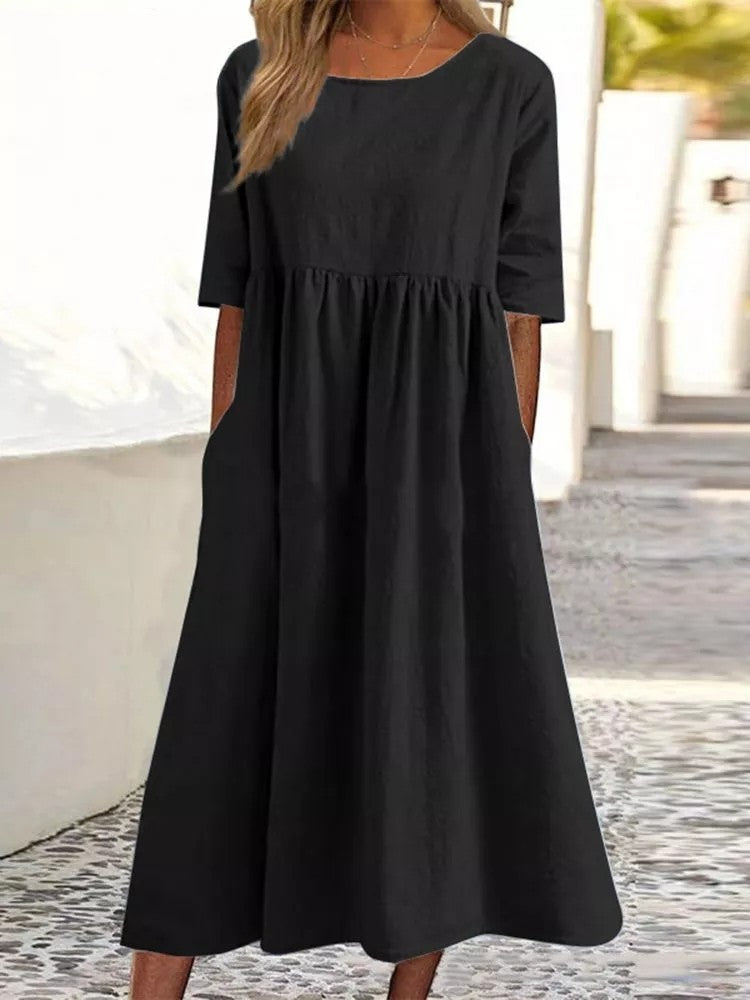 💕【50 % popust】【S-5XL】Ležerna obleka z žepi 2025, ohlapna, enobarvna in zelo udobna
