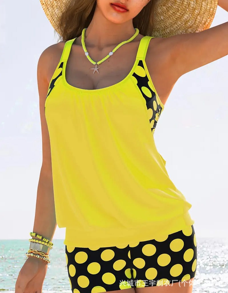 🏖️【S-4XL】✨【Top + Pantaloni】Set de costum de baie pentru femei, cu bretele, buline, mărime mare, 2025