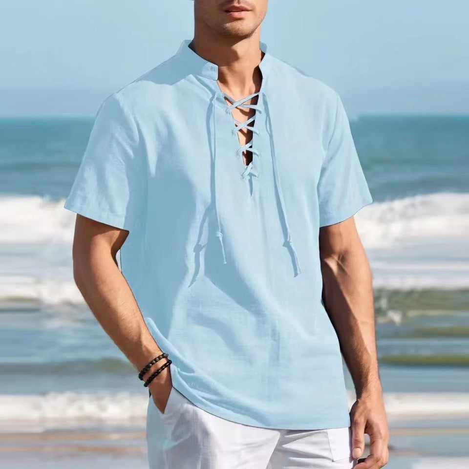 🏄♂️👔【50% popust 🔥】【S-3XL】Moška majica Henley, bombaž in lan, velike velikosti, z V-izrezom in okrasno vrvico