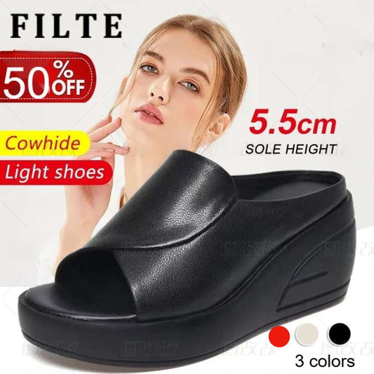 🔥✨【podpatek 5,5 cm】2025 nový styl dámských módních sandálů z pravé kůže s měkkým spodním klínem, chůze není únavná