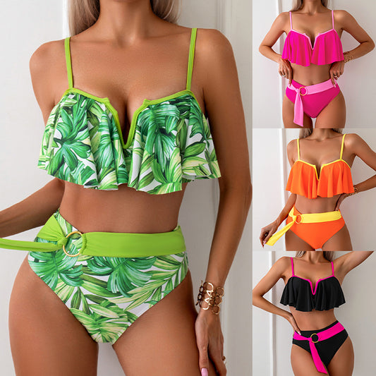 🏄♀️🌴【50% popust 🔥】【S–XL】👙 Bikini za ženske večjih velikosti — havajski stil, kontrastne barve, okrogla zaponka