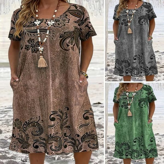 👗【XL-6XL】Nové vánoční šaty s kulatým výstřihem a krátkým rukávem, potiskem a střední délkou, ve vánočním stylu 2025