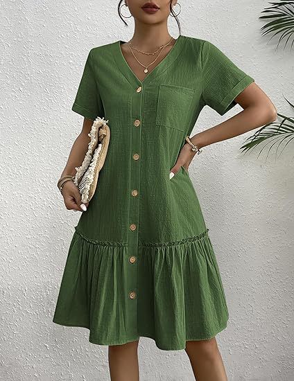 👗🍀Volné letní šaty z bavlny a lnu, nařasený spodní díl, každodenní šaty s krátkými rukávy