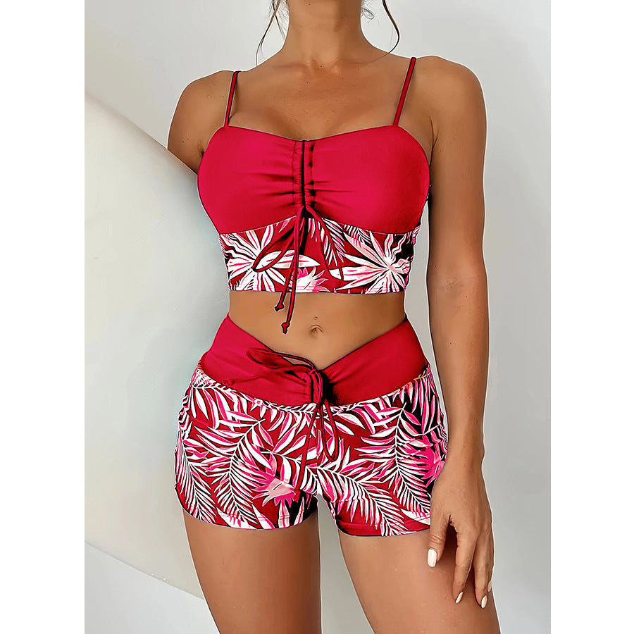 🏊👙【Reducere de 50%】【40-100kg】🌴 Costum de baie din două piese, tip boxer cu talie înaltă, cu imprimeu, cu cusături uni, mărime mare, imprimat