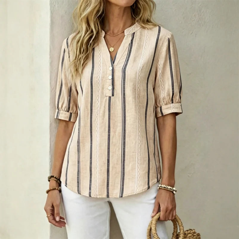 👚 【50% zniżki na oferty sezonowe】Letnia bluzka z krótkim rękawem wykonana z bawełny i lnu, w paski, z przewiewnego materiału