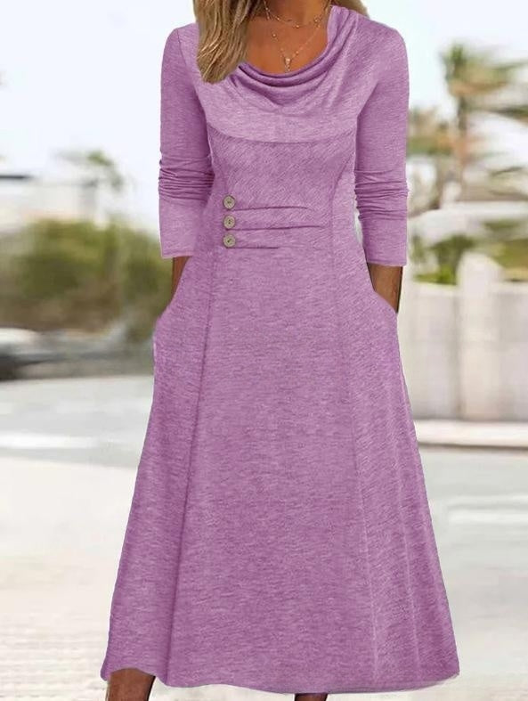 🍁【Ново пролетно поступление🔥】【S-3XL】👗 Елегантна едноцветна рокля с джобове и обло деколте