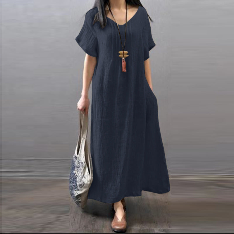 👗【S-5XL】Nova ležerna bombažno-lanena obleka,material iz bombaža in lana, ohlapno in sproščeno z žepi