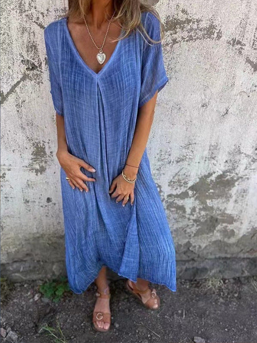 🔥【50 % popust】🥰👗【S-3XL】Nove modne obleke z V-izrezom iz bombaža in lana za leto 2025