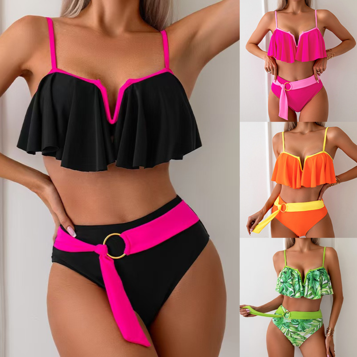 🏄♀️🌴【50% popust 🔥】【S–XL】👙 Bikini za ženske večjih velikosti — havajski stil, kontrastne barve, okrogla zaponka