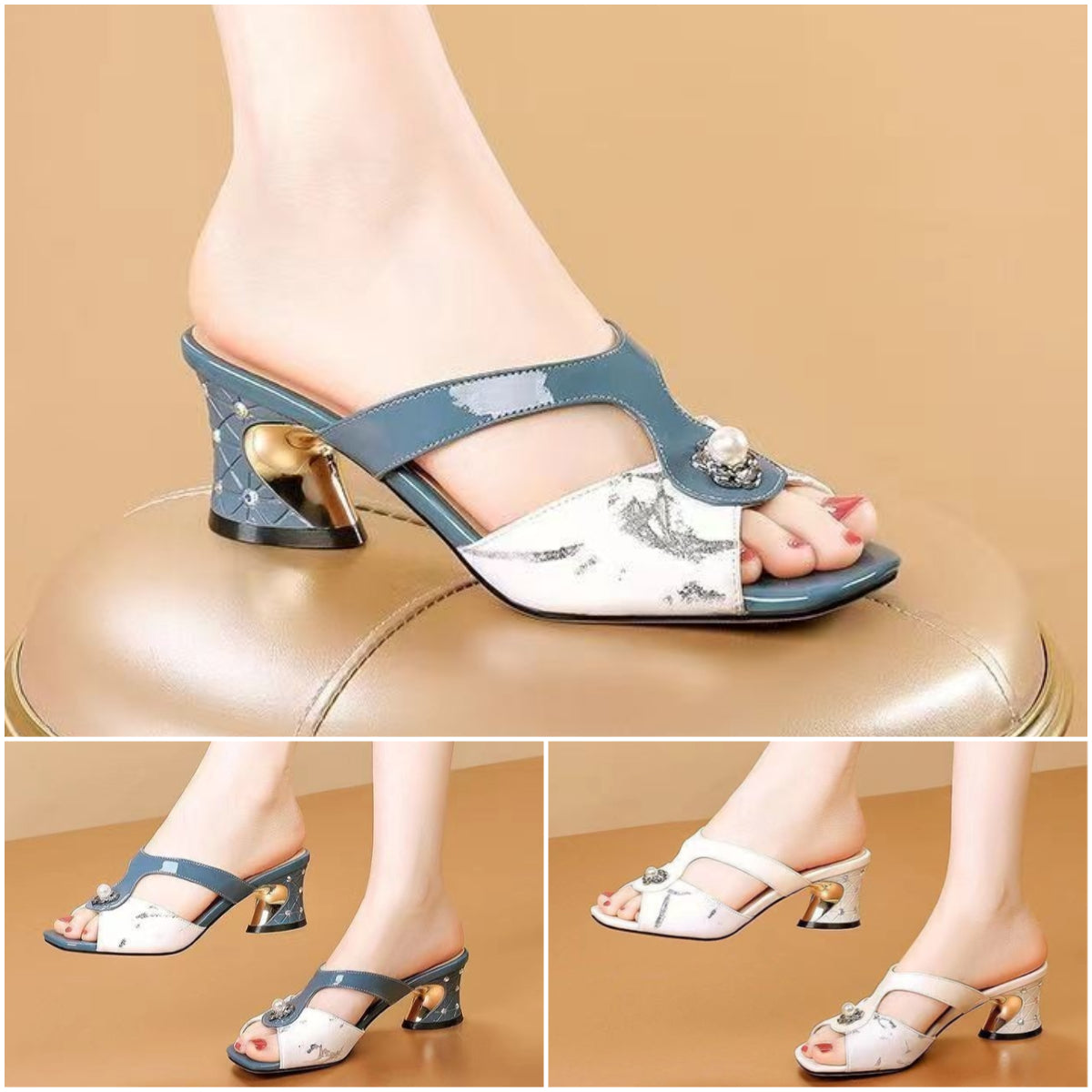 👡💍【50% popust ✨】【35–40】Novi modni zračni copati z odprtimi prsti in debelo peto, okrašeni z biseri, za vsakodnevno nošenje