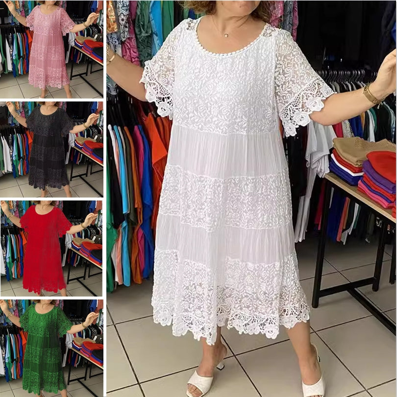 ✨【S-5XL】Nova čipkasta obleka s kratkimi rokavi in okroglim izrezom