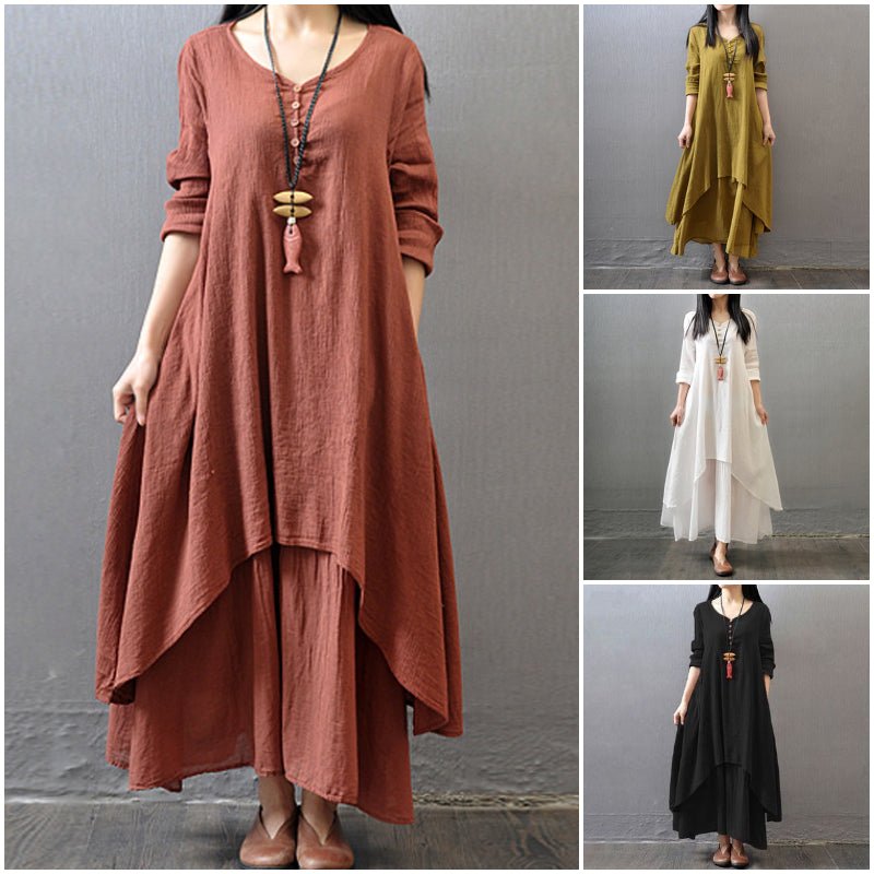 ✨🌸Retro obleka z visokim pasom iz bombaža in lana za ženske, ohlapno in ozko dolgo krilo nepravilnega videza