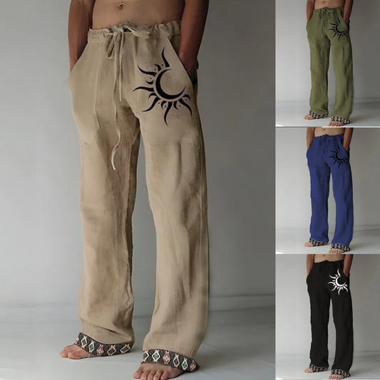 👖🌙【50% popust 🔥】【S–6XL】Nove moške hlače iz bombaža in lana z luninim vzorcem, široke ravne hlačnice, ležerni kroj, večje velikosti