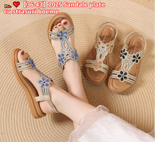 👡❤️【36-43】【Reducere de 50%】Sandale elastice cu flori și strasuri boeme 2025, talpă plată, mărime mare