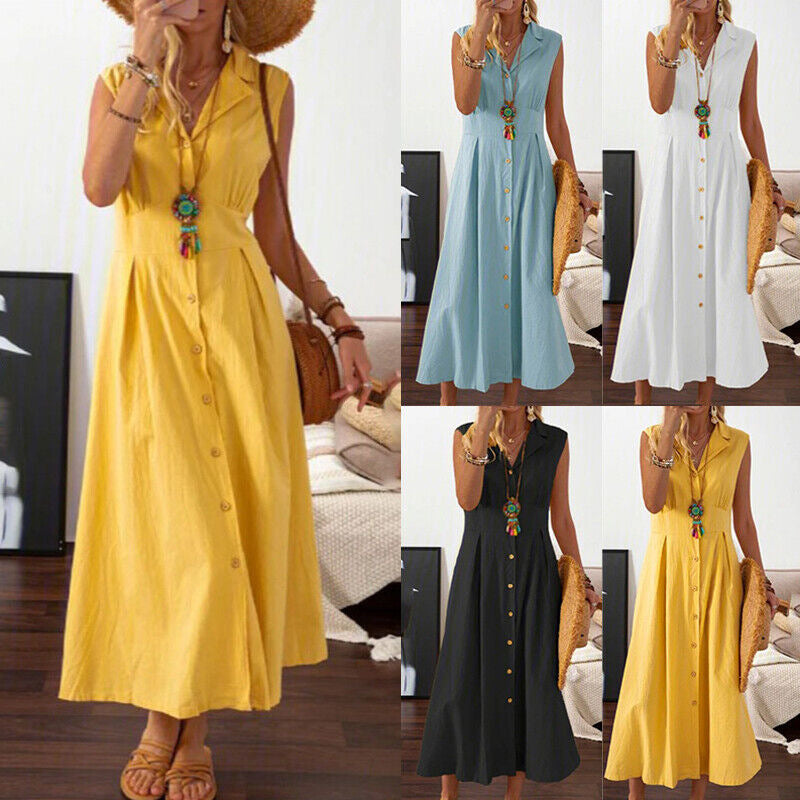 🎀💃【50% popust 💥】【S–3XL】Ženska obleka iz bombaža in lana za večje velikosti z ovratnikom in gumbi, lahka in zračna