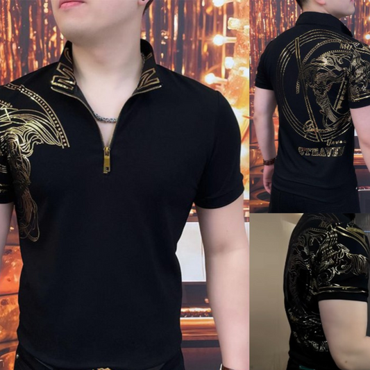 🔥【Odlična razprodaja】Moška elegantna polo majica z zadrgo in zarezo - klasična črna z izvrstnim vezenjem