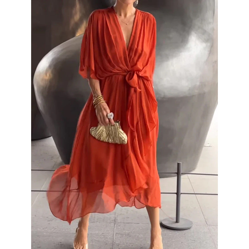 👗Večbarvna čipkasta šifonska obleka brez rokavov in netopirjevih rokavov
