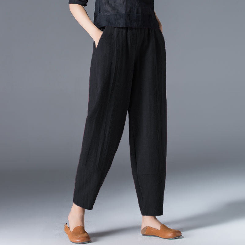 🌿🌿【50 % popust 🔥】【S–5XL】Ženske ohlapne široke hlače iz bombaža in lana v velikih velikostih