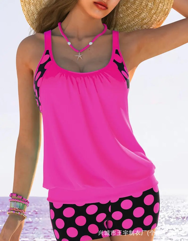 🏖️【S-4XL】✨【Top + Pantaloni】Set de costum de baie pentru femei, cu bretele, buline, mărime mare, 2025