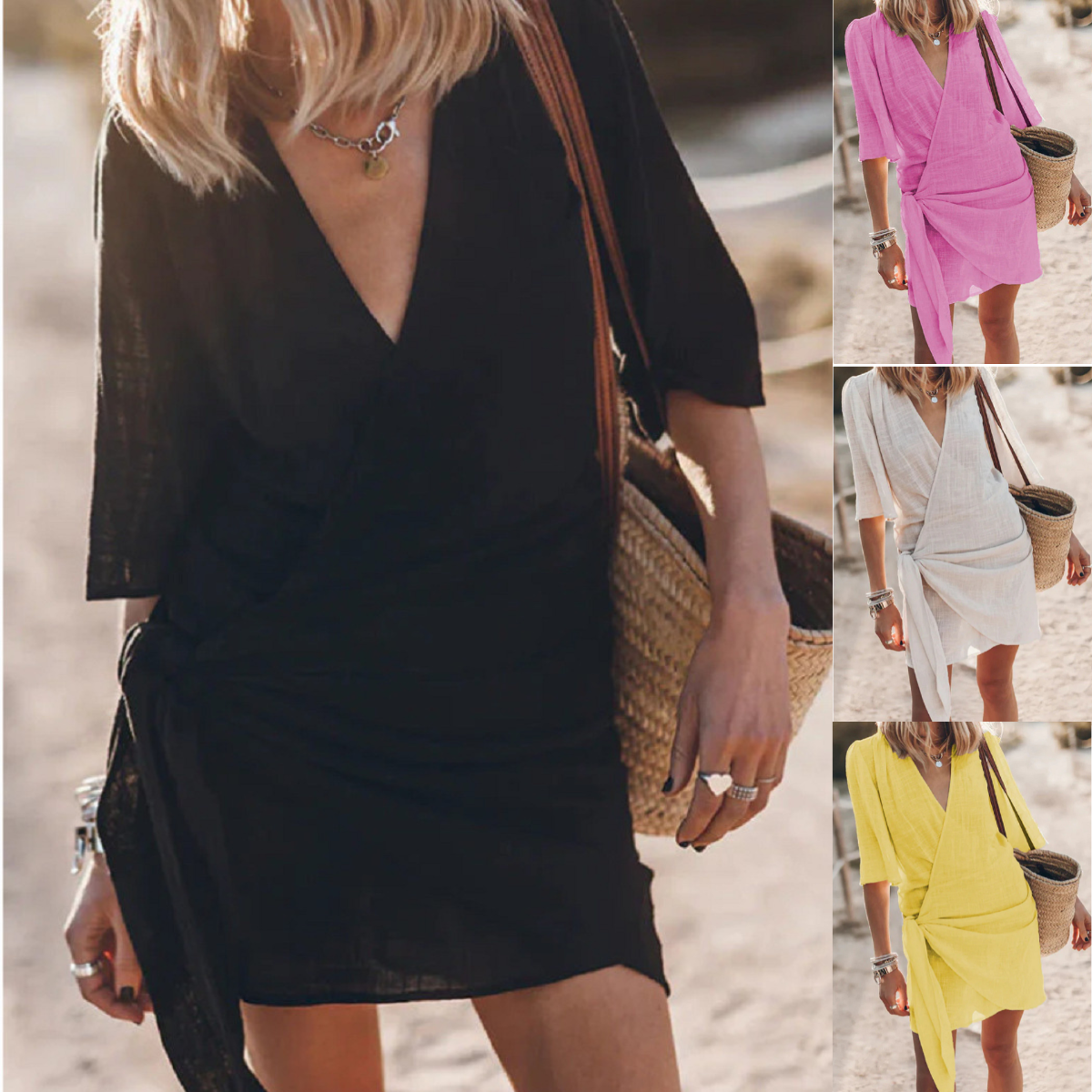 🎀👘【50% popust 🔥】【S–3XL】💖 Poletna nova ležerna obleka iz bombaža in lana v velikih velikostih, z V-izrezom na preklop, srednje dolžine in širokega kroja